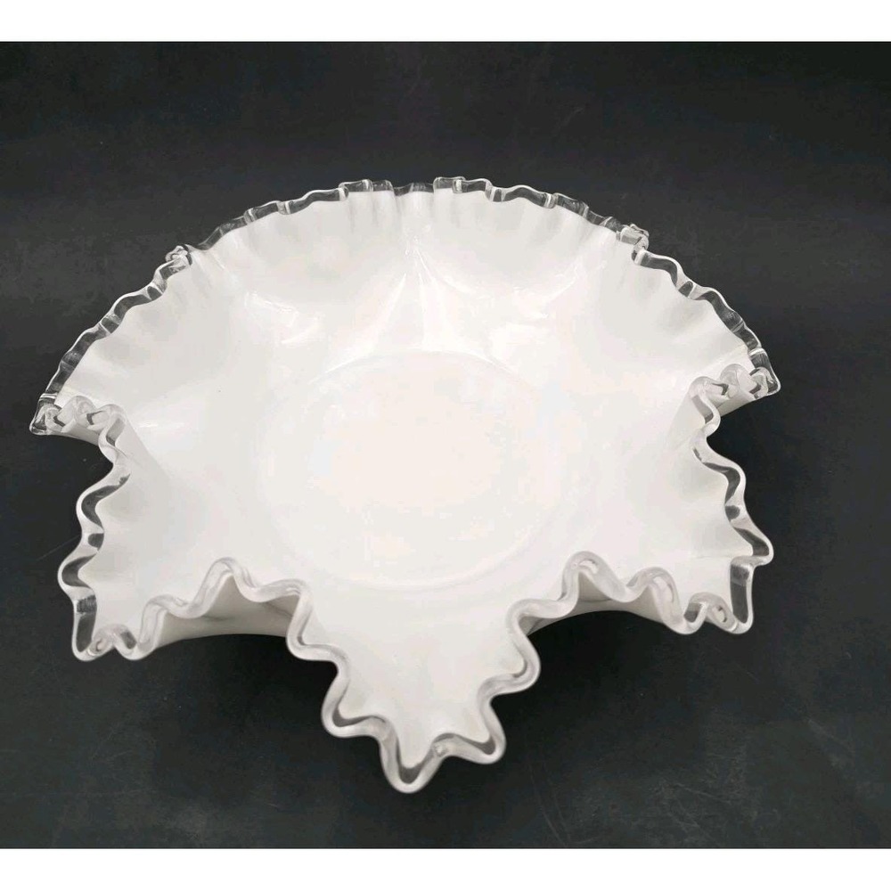Vintage Fenton Silver Crest 11" White Milk Glass Ruffled Crimped Rim Bowl